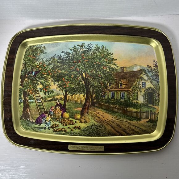 Lot of 2 American Homestead Summer & Autumn Hand Painted Wooden Tin Trays Plates - Picture 11 of 14